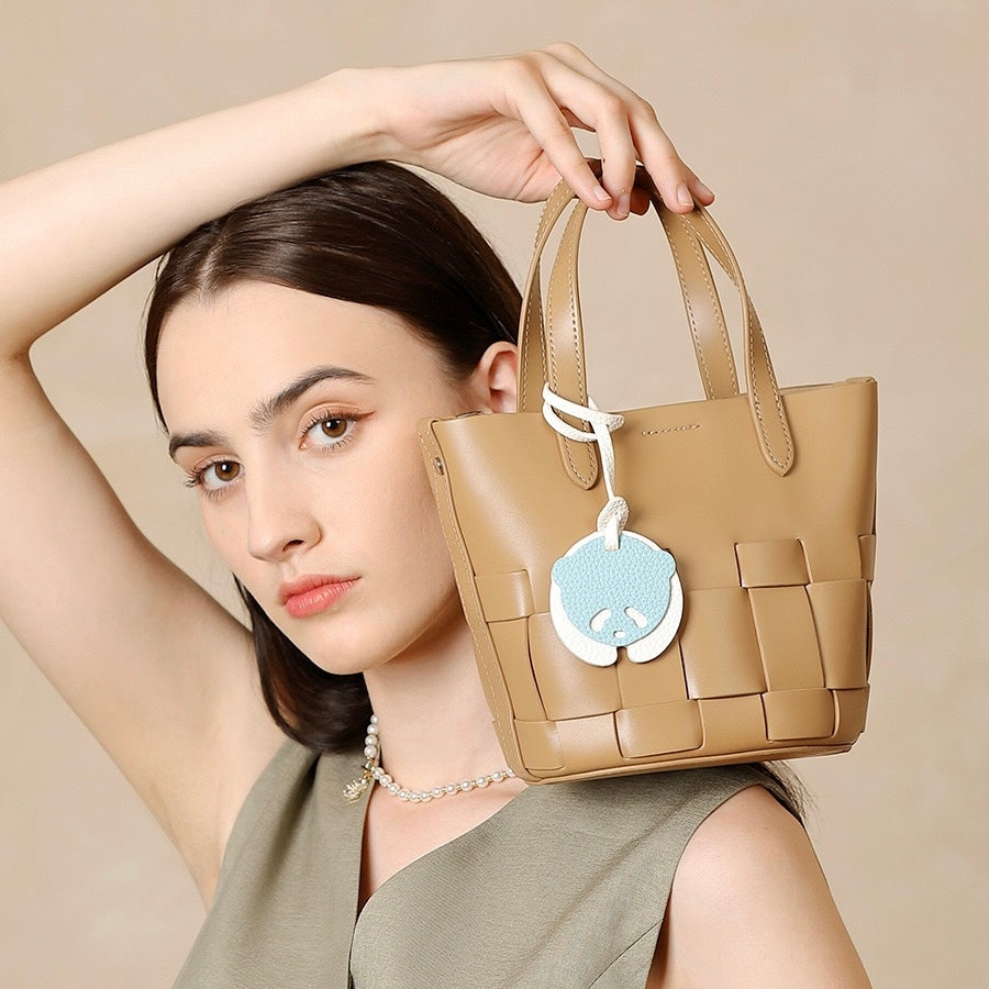 Handcrafted Leather Woven Picnic Basket Bag with Panda Charm