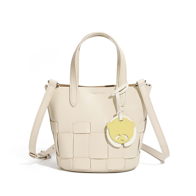 Handcrafted Leather Woven Picnic Basket Bag with Panda Charm