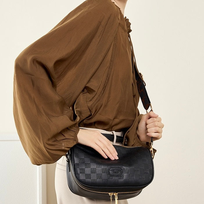 Elegant Genuine Leather Checkered Crossbody Bag