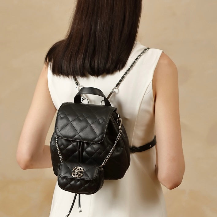 Chic Diamond-Quilted Leather Mini Backpack with Detachable Pouch