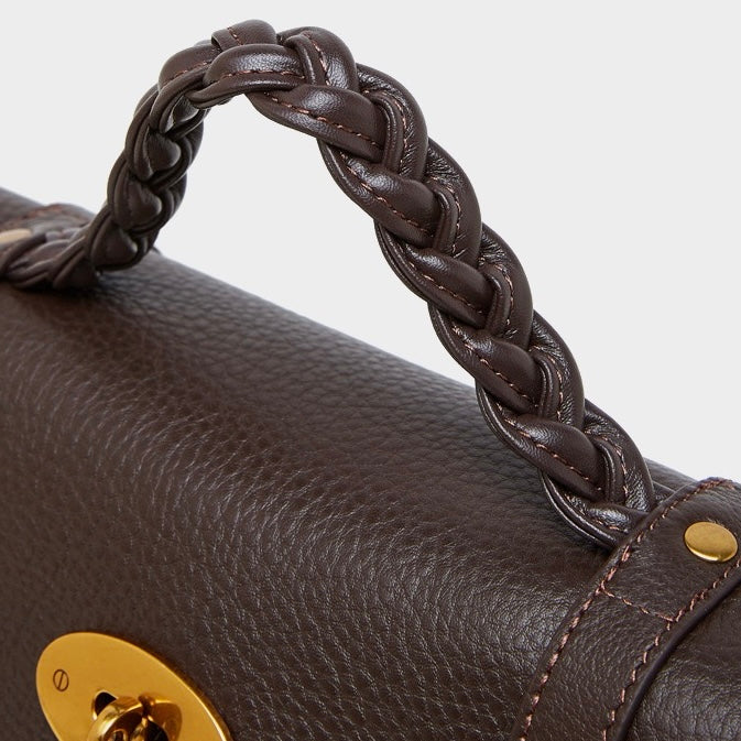 Sophisticated Braided Handle Leather Satchel with Buckle Detail