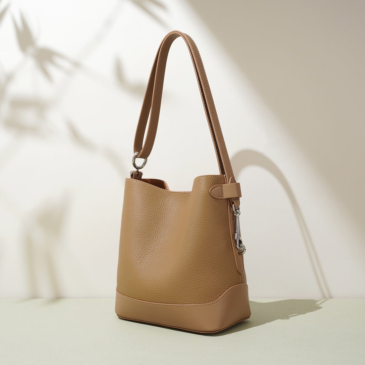 Genuine Leather Lychee Grain Bucket Crossbody Bag for Women