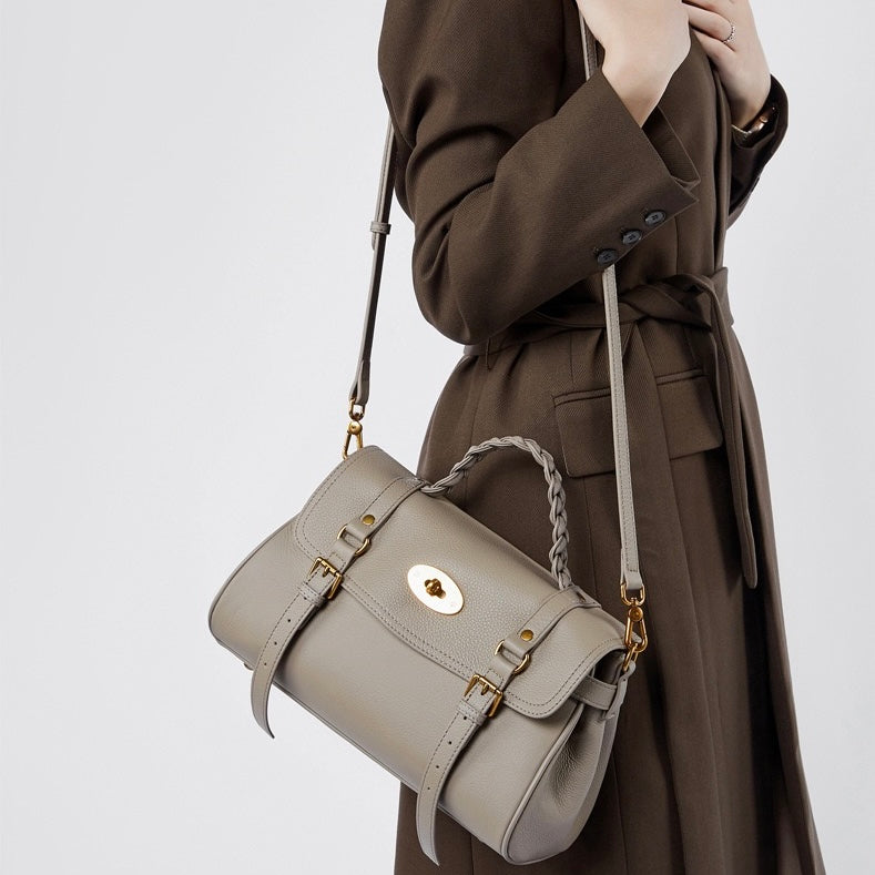 Sophisticated Braided Handle Leather Satchel with Buckle Detail