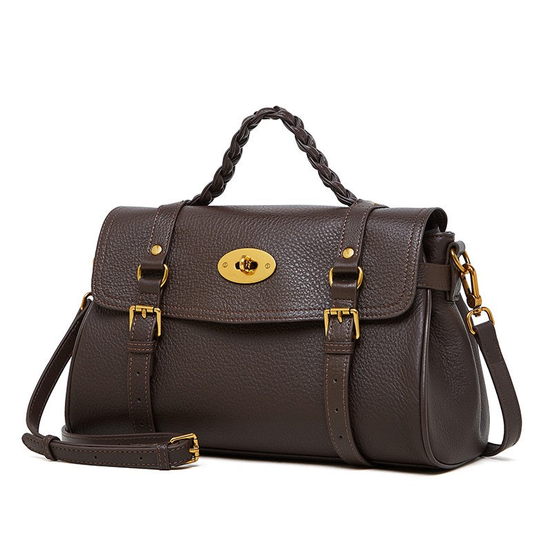 Sophisticated Braided Handle Leather Satchel with Buckle Detail