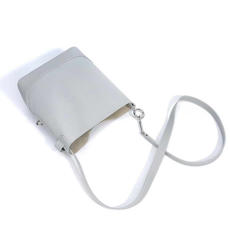 Genuine Leather Lychee Grain Bucket Crossbody Bag for Women