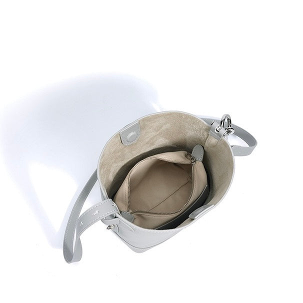 Genuine Leather Lychee Grain Bucket Crossbody Bag for Women