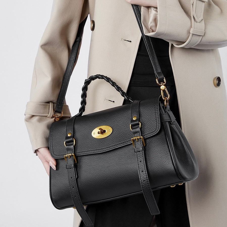 Sophisticated Braided Handle Leather Satchel with Buckle Detail
