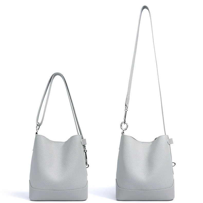 Genuine Leather Lychee Grain Bucket Crossbody Bag for Women