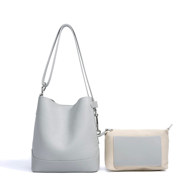 Genuine Leather Lychee Grain Bucket Crossbody Bag for Women