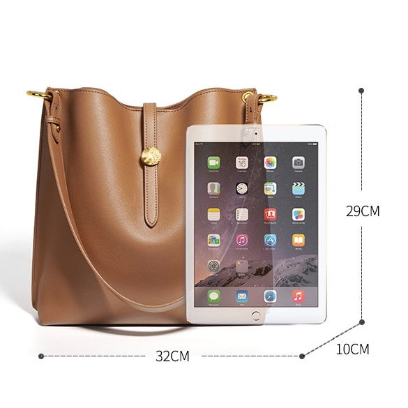 Elegant Genuine Leather Commuter Bucket Tote Bag