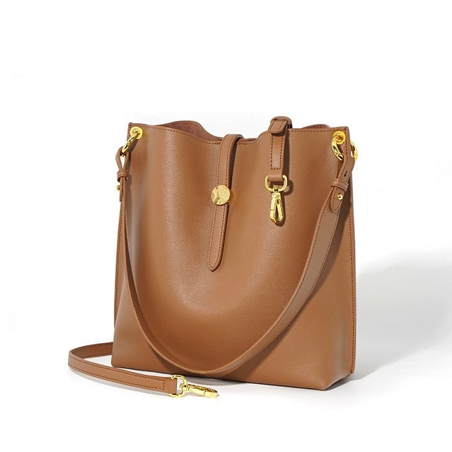 Elegant Genuine Leather Commuter Bucket Tote Bag