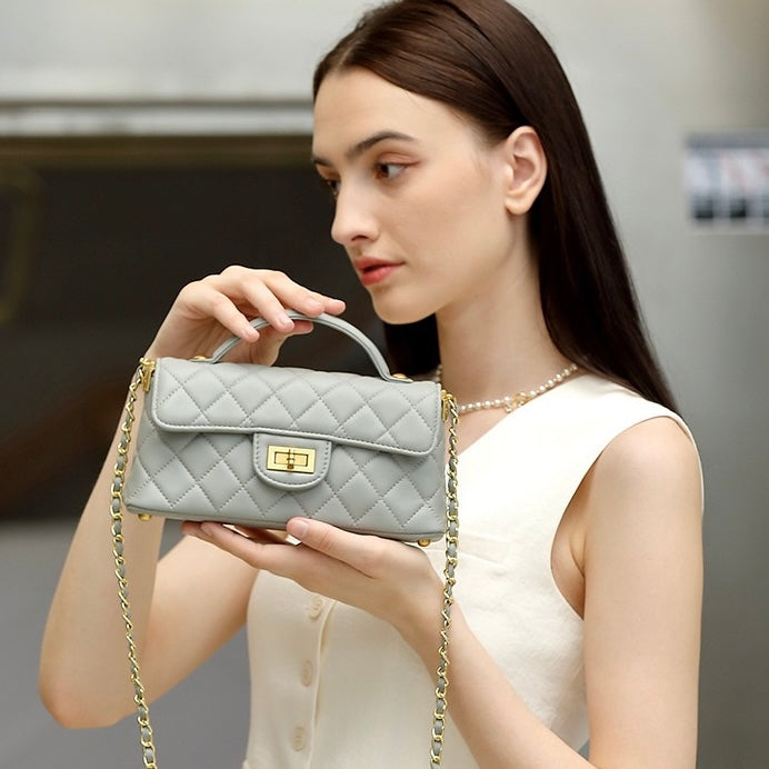 Quilted Chain Shoulder Crossbody Bag in Genuine Leather