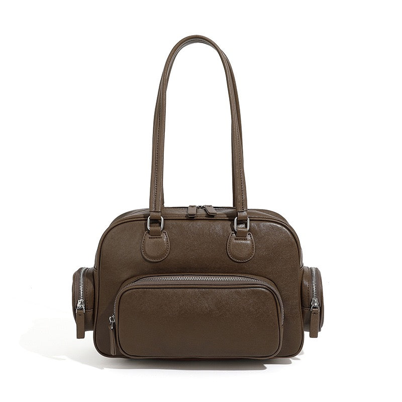 Vintage Genuine Leather Bowling Handbag with Sophisticated Side Pockets