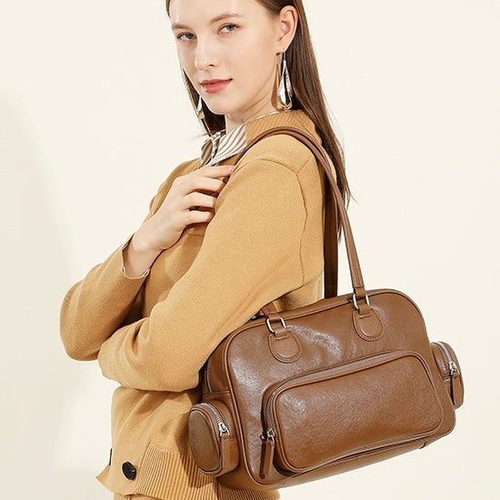 Vintage Genuine Leather Bowling Handbag with Sophisticated Side Pockets