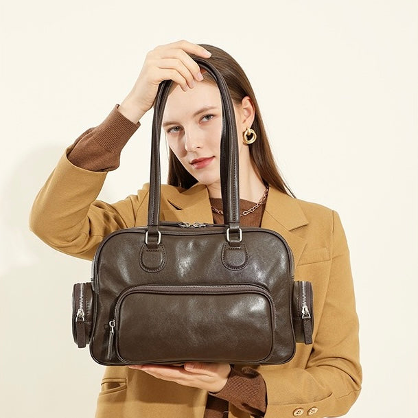 Vintage Genuine Leather Bowling Handbag with Sophisticated Side Pockets
