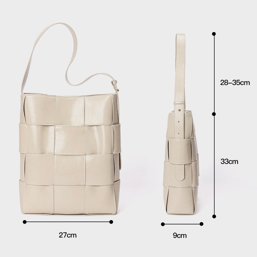 Beige Woven Leather Luxe Bucket Shoulder Bag
