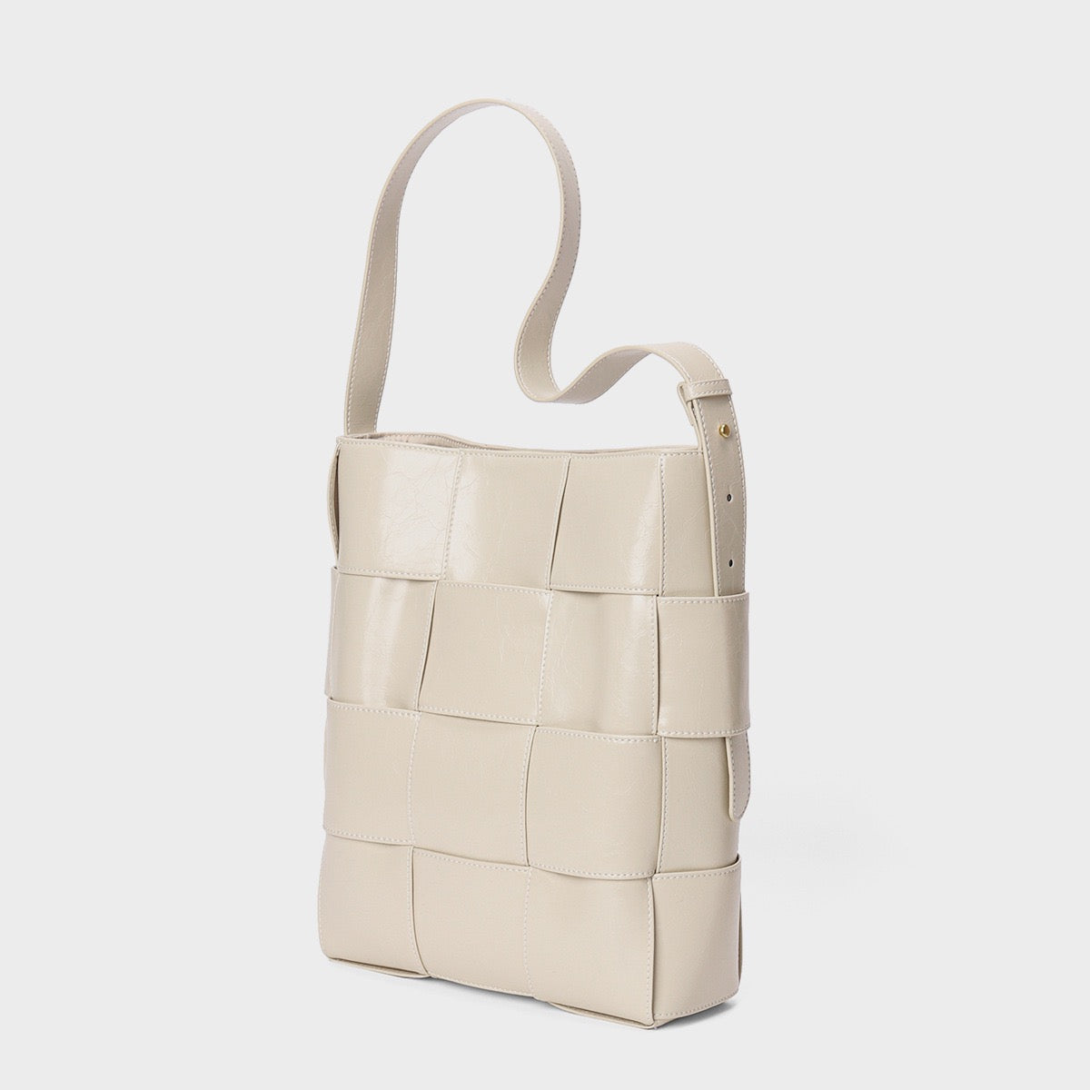 Beige Woven Leather Luxe Bucket Shoulder Bag