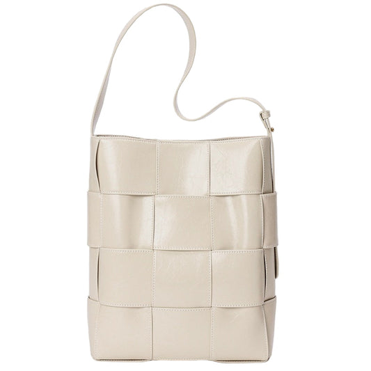 Beige Woven Leather Luxe Bucket Shoulder Bag