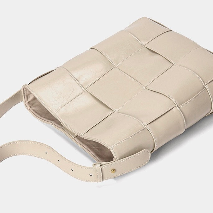 Beige Woven Leather Luxe Bucket Shoulder Bag