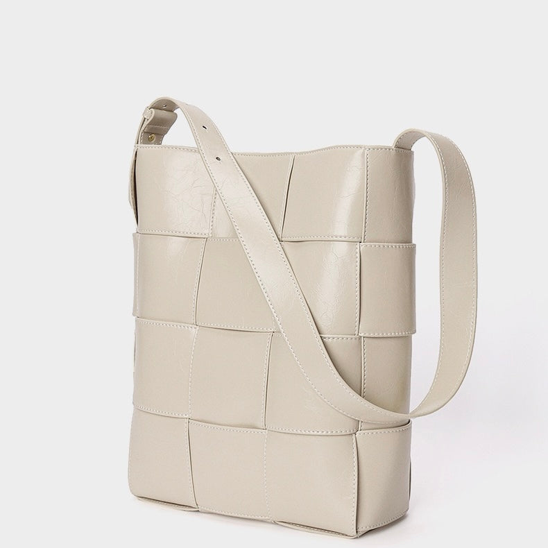 Beige Woven Leather Luxe Bucket Shoulder Bag