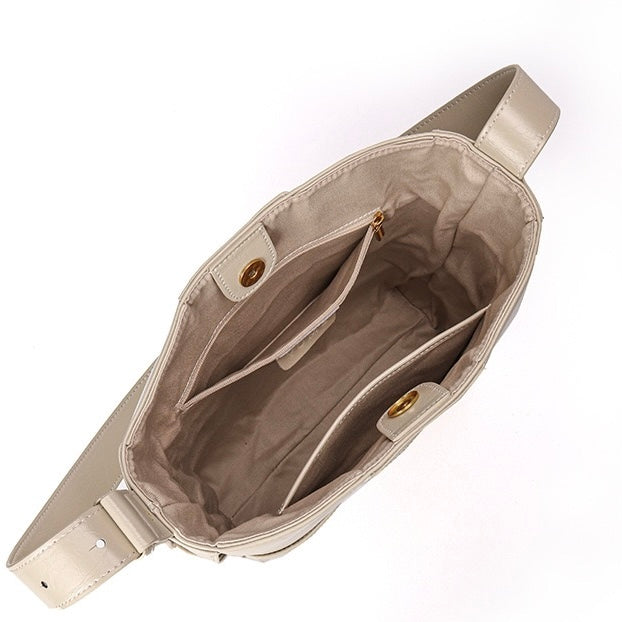 Beige Woven Leather Luxe Bucket Shoulder Bag