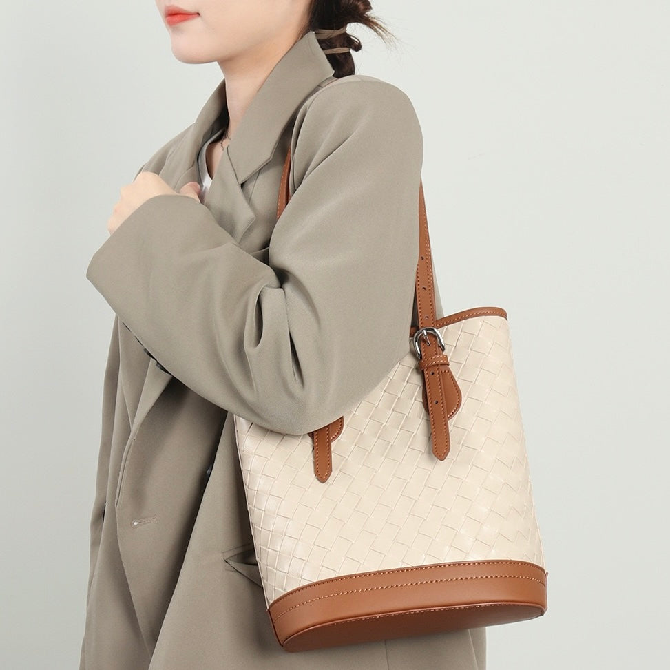 Elegant Woven Leather Color Block Bucket Tote Bag
