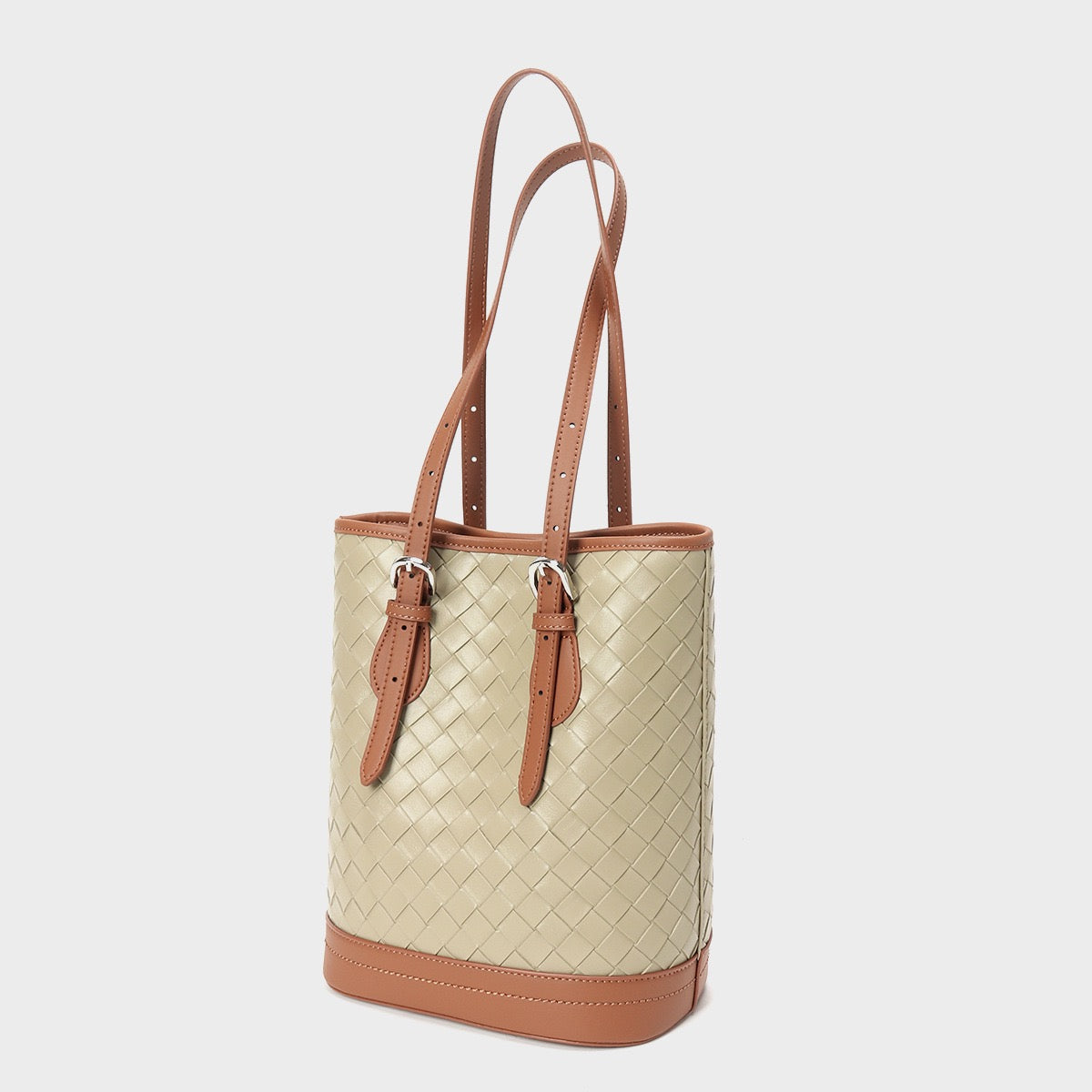 Elegant Woven Leather Color Block Bucket Tote Bag