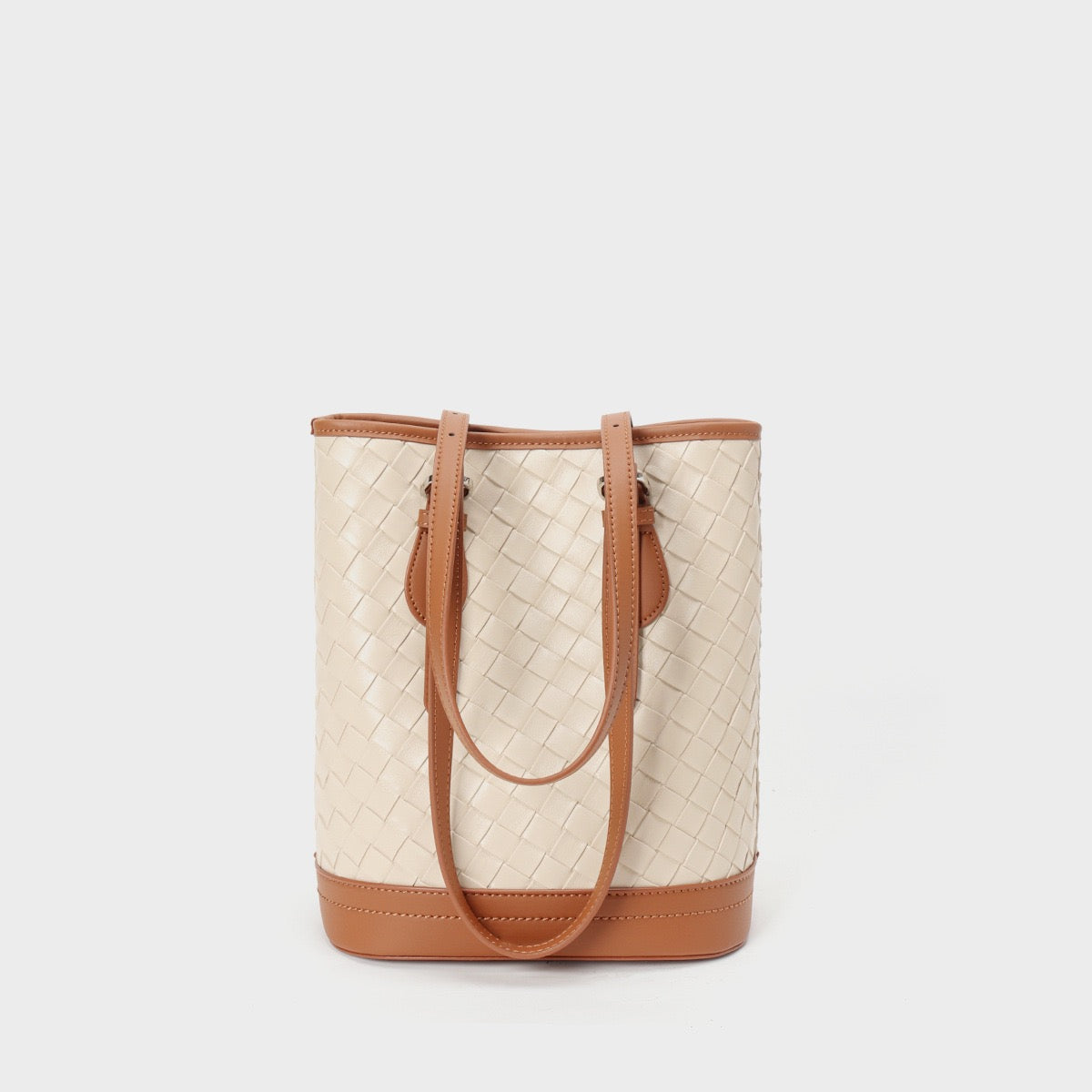 Elegant Woven Leather Color Block Bucket Tote Bag