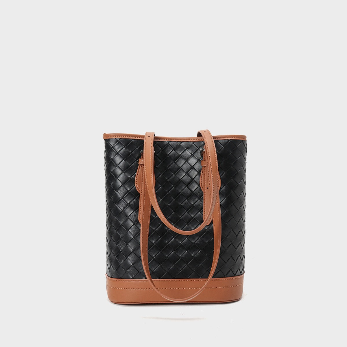 Elegant Woven Leather Color Block Bucket Tote Bag