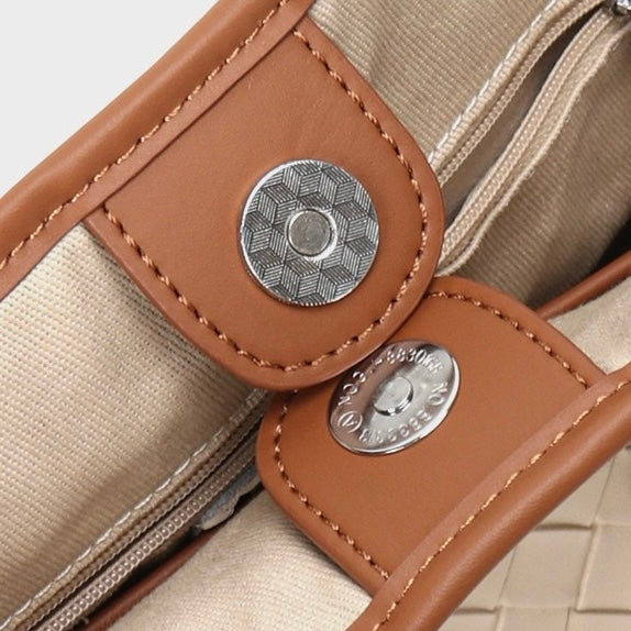 Elegant Woven Leather Color Block Bucket Tote Bag