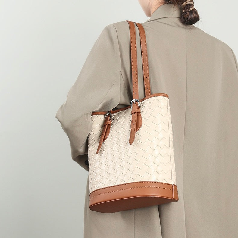 Elegant Woven Leather Color Block Bucket Tote Bag