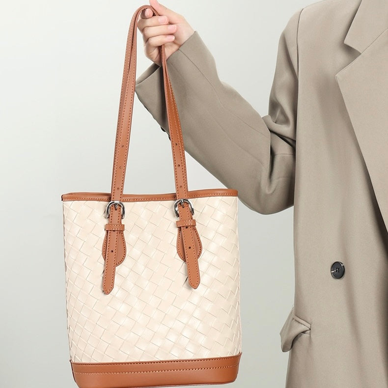 Elegant Woven Leather Color Block Bucket Tote Bag