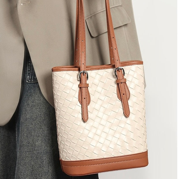 Elegant Woven Leather Color Block Bucket Tote Bag