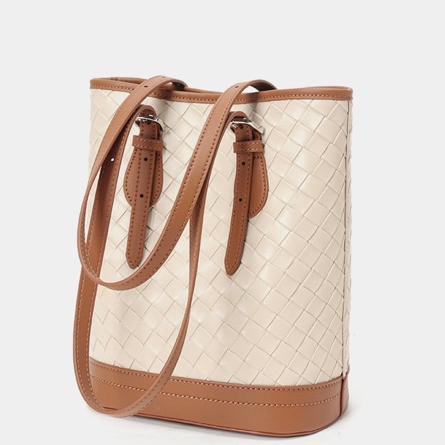 Elegant Woven Leather Color Block Bucket Tote Bag