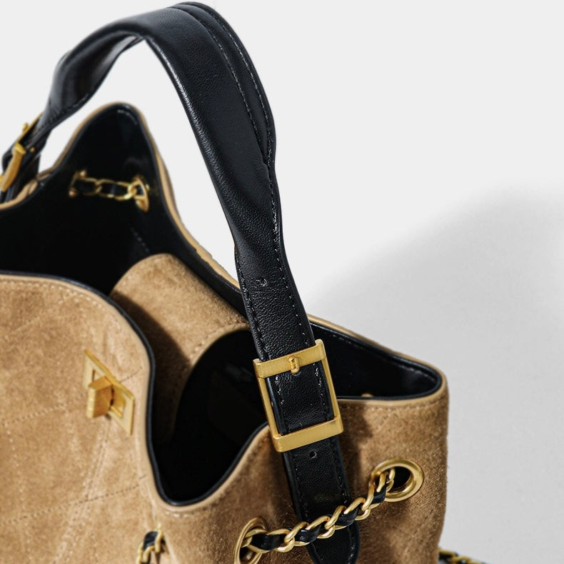 Color Block Suede & Leather Bucket Bag with Chain Detail