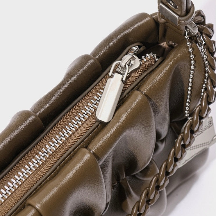 Olive Luxe Genuine Leather Shoulder Bag with Chain & Lock Charm