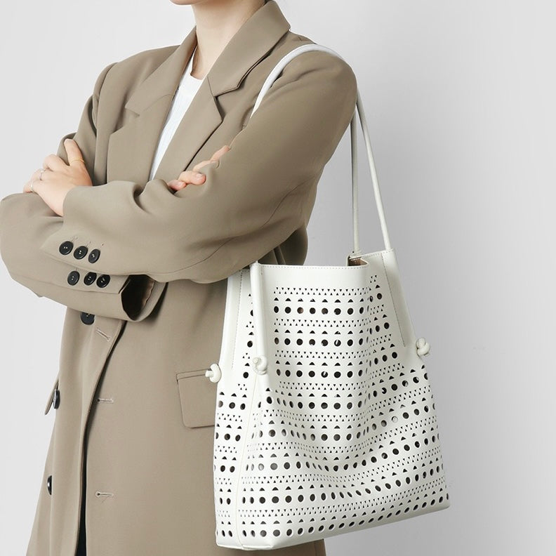 Elegant Genuine Leather Perforated Tote Bag with Detachable Pouch