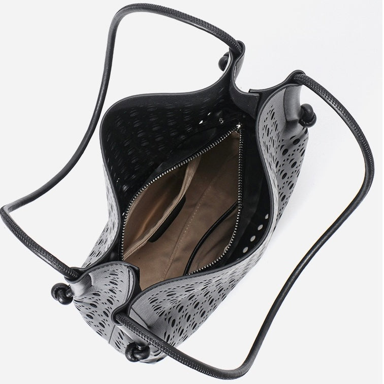 Elegant Genuine Leather Perforated Tote Bag with Detachable Pouch