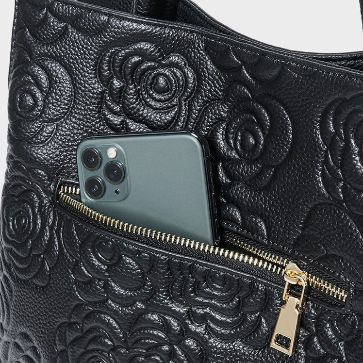 Elegant Rose Embossed Genuine Leather Tote with Detachable Strap