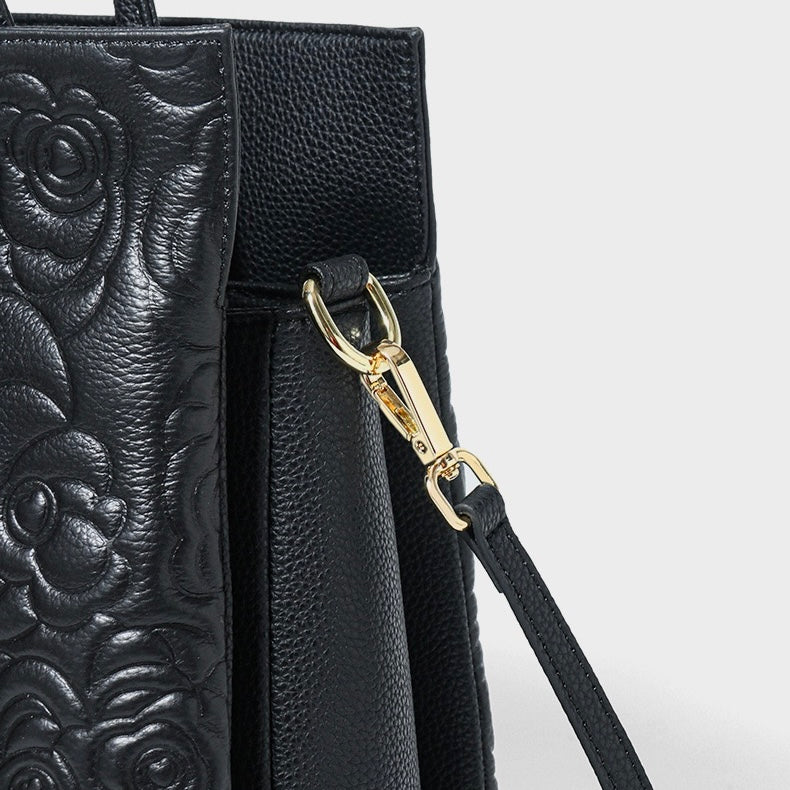 Elegant Rose Embossed Genuine Leather Tote with Detachable Strap