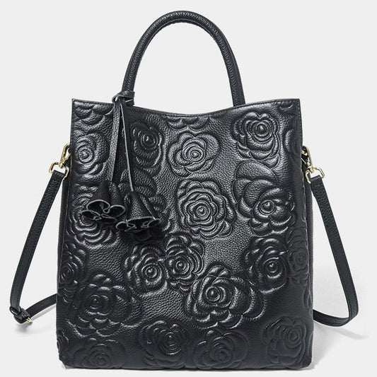 Elegant Rose Embossed Genuine Leather Tote with Detachable Strap