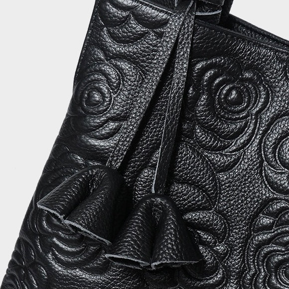 Elegant Rose Embossed Genuine Leather Tote with Detachable Strap