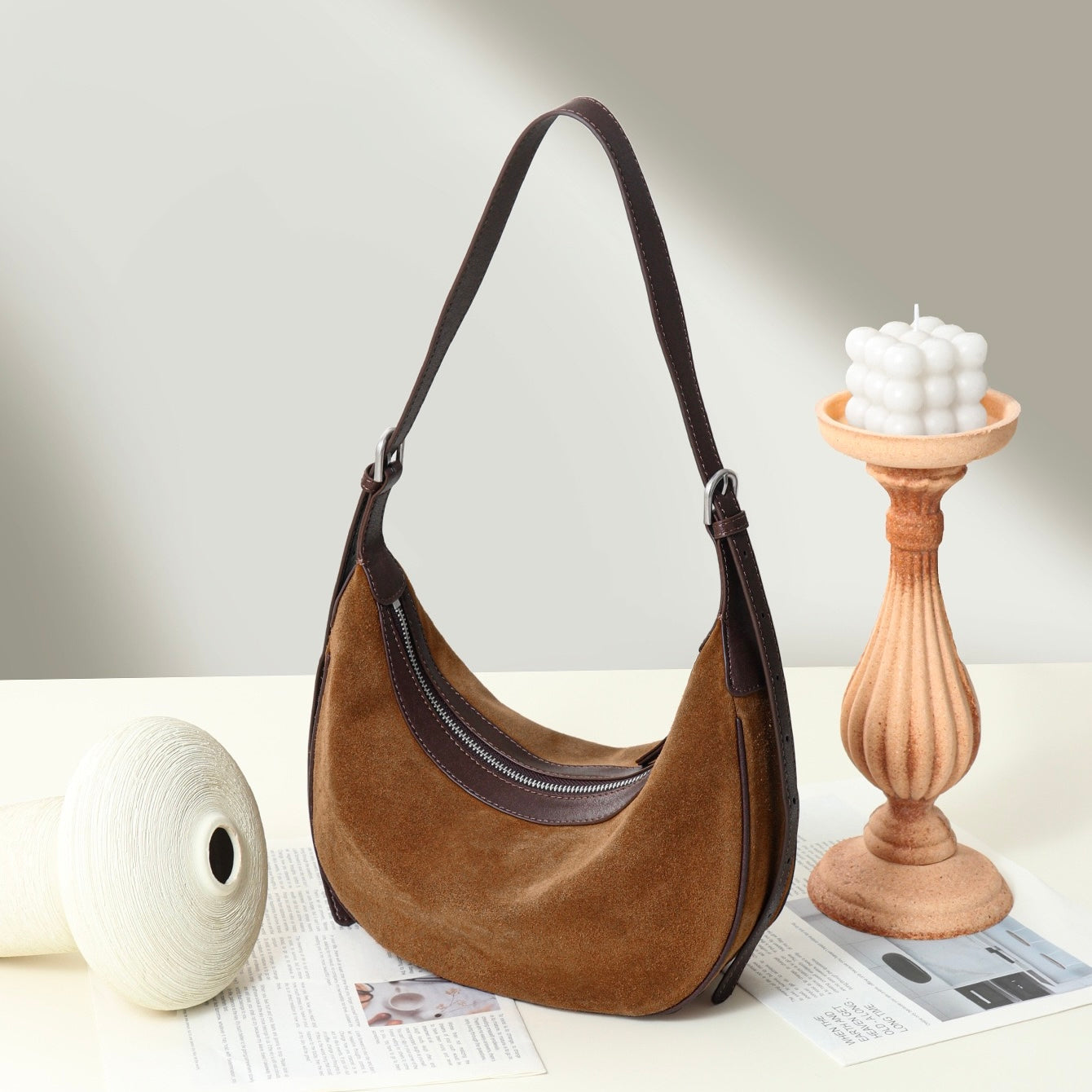 Brown Suede Leather Elegance Hobo Dumpling Bag