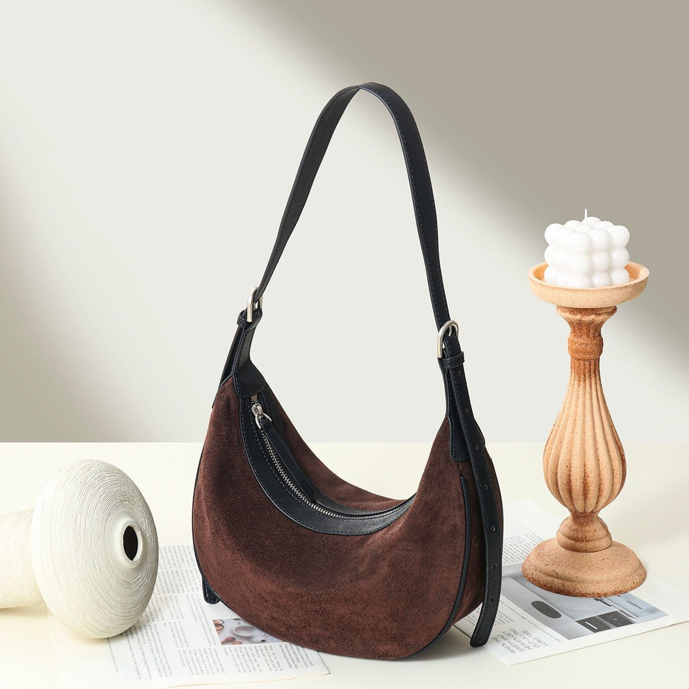 Brown Suede Leather Elegance Hobo Dumpling Bag