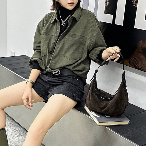 Brown Suede Leather Elegance Hobo Dumpling Bag