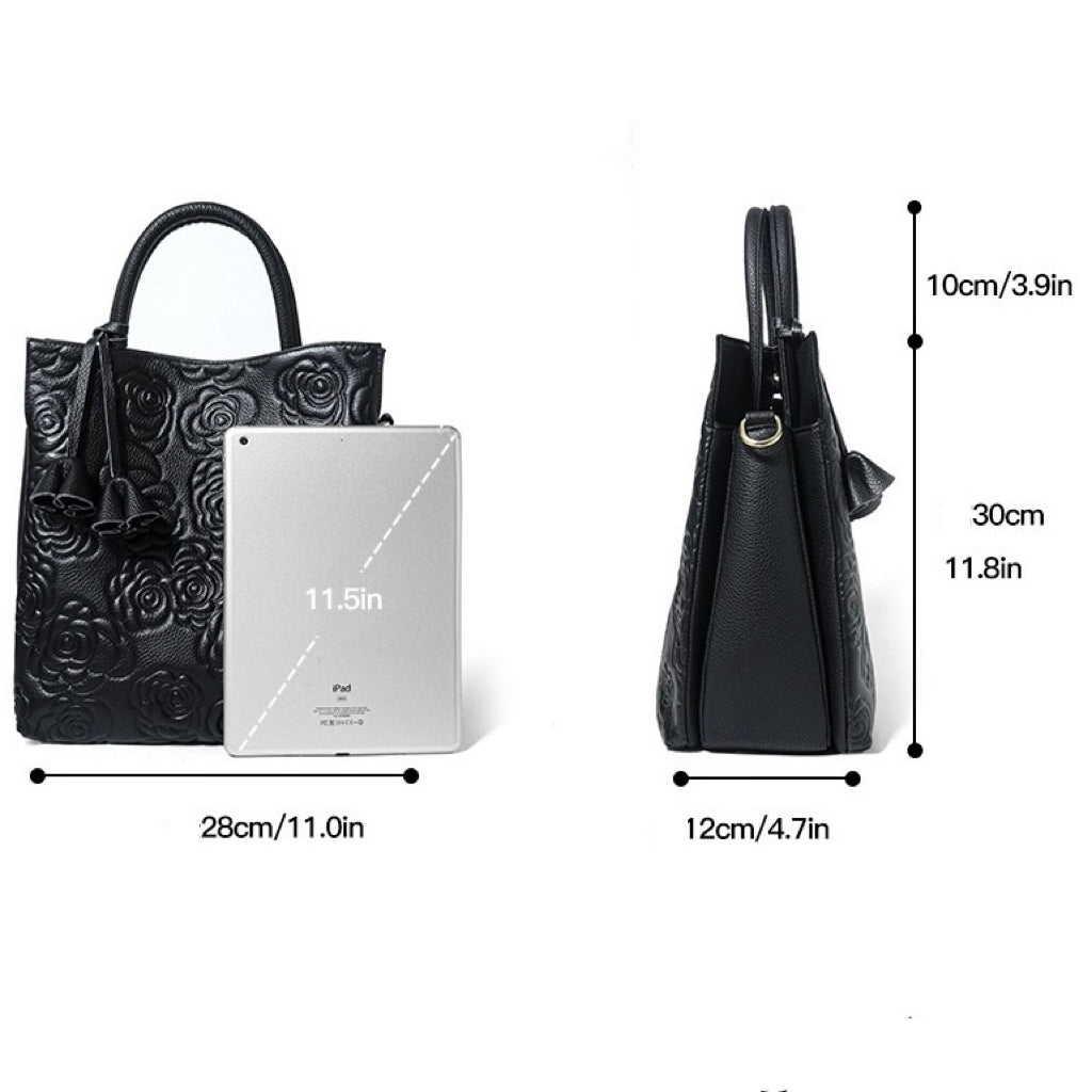 Elegant Rose Embossed Genuine Leather Tote with Detachable Strap
