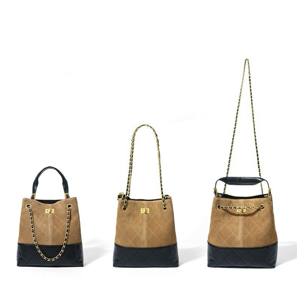 Color Block Suede & Leather Bucket Bag with Chain Detail