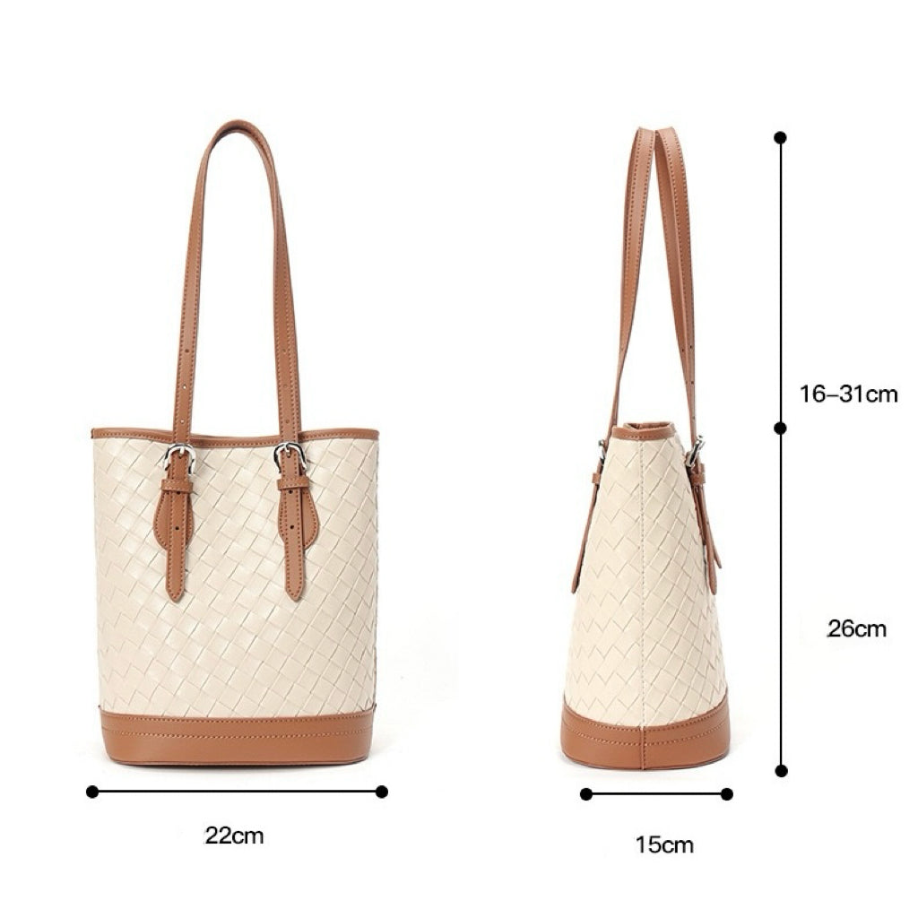 Elegant Woven Leather Color Block Bucket Tote Bag