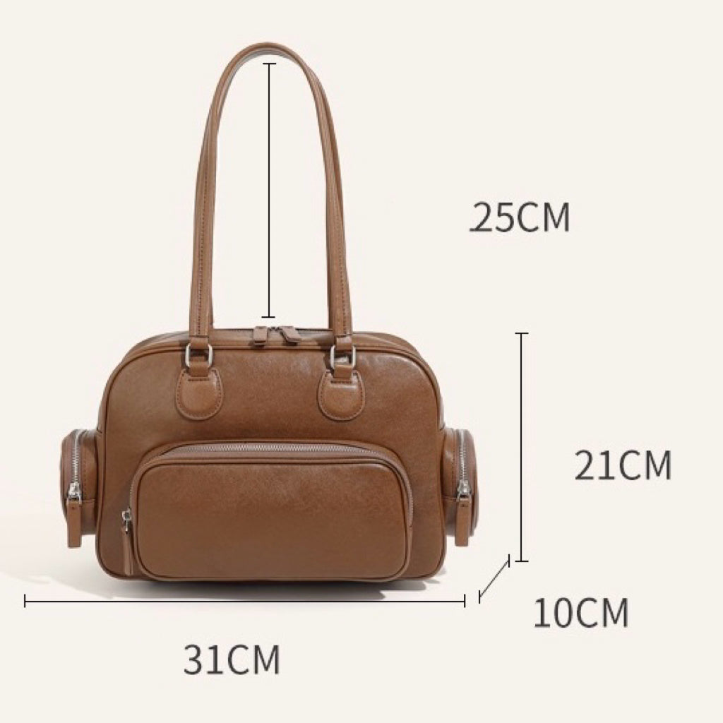 Vintage Genuine Leather Bowling Handbag with Sophisticated Side Pockets