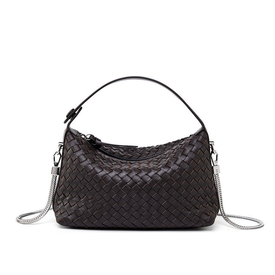Genuine Sheepskin Leather Woven Dumpling Clutch Bag with Chain Strap